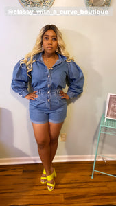 Ruffle Shoulder Denim Short Romper